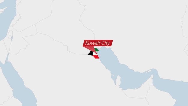 Kuwait map highlighted in Kuwait flag colors and pin of country capital Kuwait City