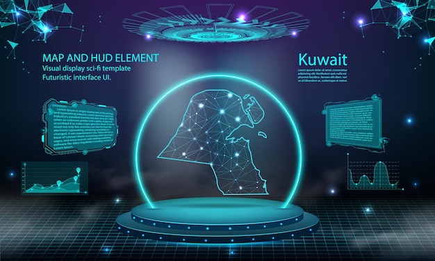 クウェート マップ光接続効果背景抽象デジタル技術 ui gui 未来的な hud クウェート マップとの仮想インターフェイス霧のステージ未来的な表彰台