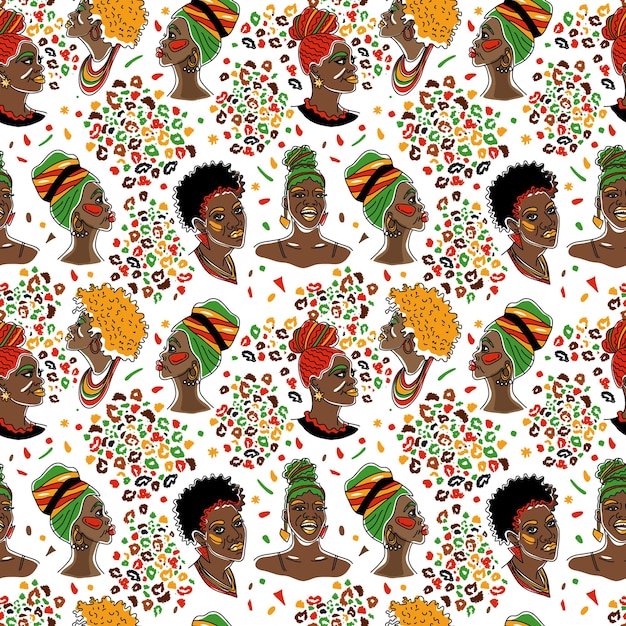 Vettore kwanzaa afroamericane belle ragazze illustrazione vettoriale di donna nera con labbra lucide e turbante