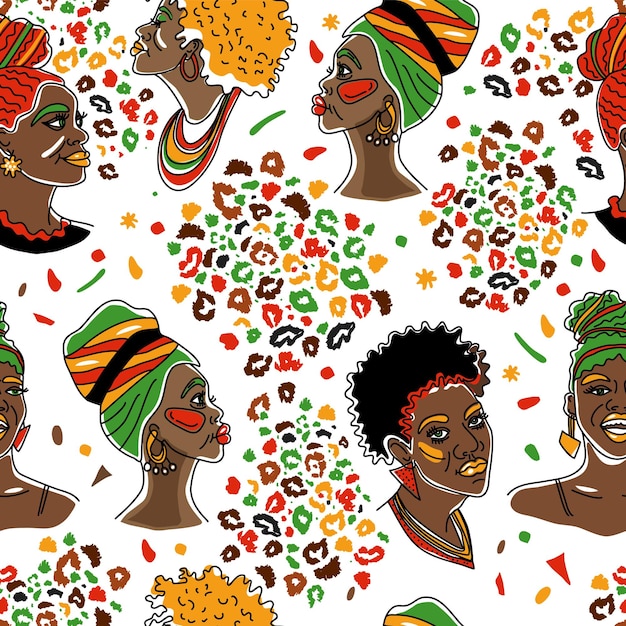 Kwanzaa afro-amerikaanse mooie meisjes vectorillustratie van zwarte vrouw met glanzende lippen en tulband