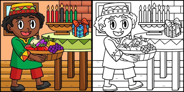 Kwanzaa Boy Carrying Mazao Coloring Illustration