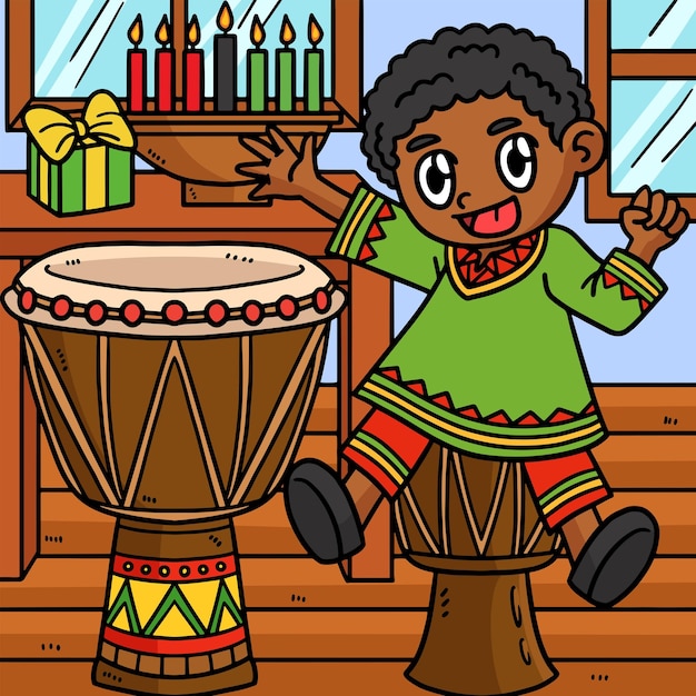 Kwanzaa Child Playing Djembe Colored Cartoon