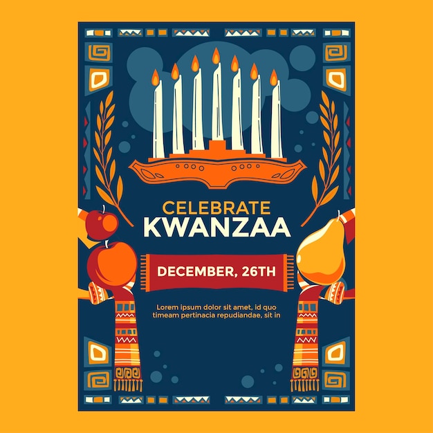 Kwanzaa holiday poster concept with decorate seven candles and fruit