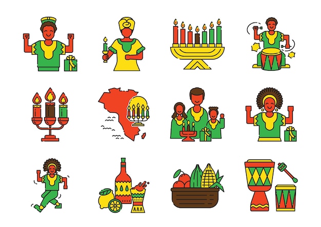 Vettore set di icone kwanzaa con candele con mappa dell'africa, cibo, bevande e feste in famiglia.