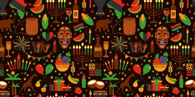 Vector kwanzaa seamless pattern of africa with traditional colored and symbols brown exotic background