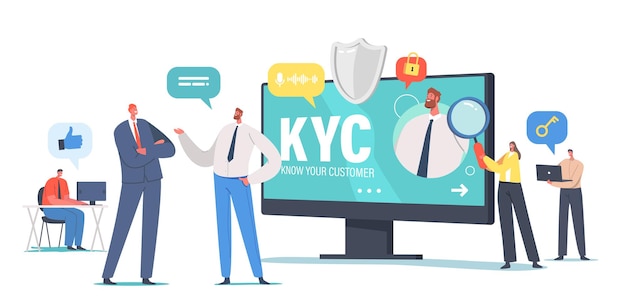 KYC, Знай свою концепцию клиента, Бизнес-проверка личности клиентов и оценка их пригодности, Персонажи крошечных бизнесменов изучают профиль клиента. Мультфильм люди векторные иллюстрации