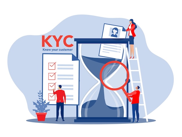 Kyc o conosci il tuo cliente con il business verificando l'identità del suo concetto di cliente presso i futuri partner attraverso un illustratore vettoriale di lente di ingrandimento