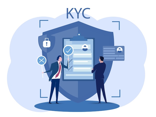 Vector kyc or know your customer with business verifying the identity of its clients concept at the partnerstobe through a magnifying glass idea of business identification and finance safety