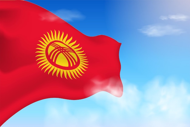 Kyrgyzstan flag in the clouds. Vector flag waving in the sky. National day realistic flag