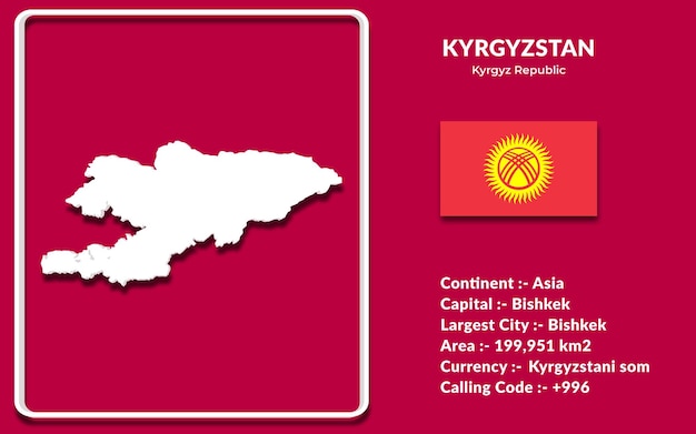 Дизайн карты Кыргызстана в 3d стиле с национальным флагом