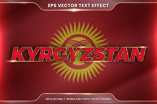 Kyrgyzstan with its national country flag, editable text effect style with gradient gold color concept