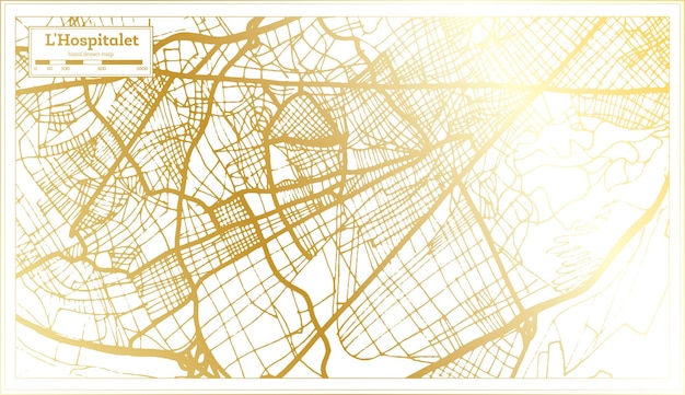 黄金色のアウトライン マップでレトロなスタイルの L Hospitalet スペイン都市マップ