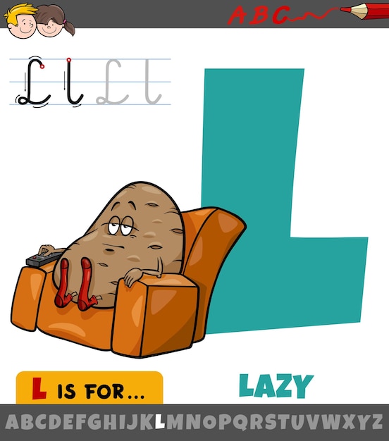 Vector l letter van het alfabet met cartoon luie zin