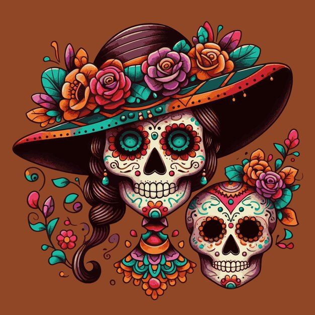 La Catrina Skull Dia De Los Muertos Illustration