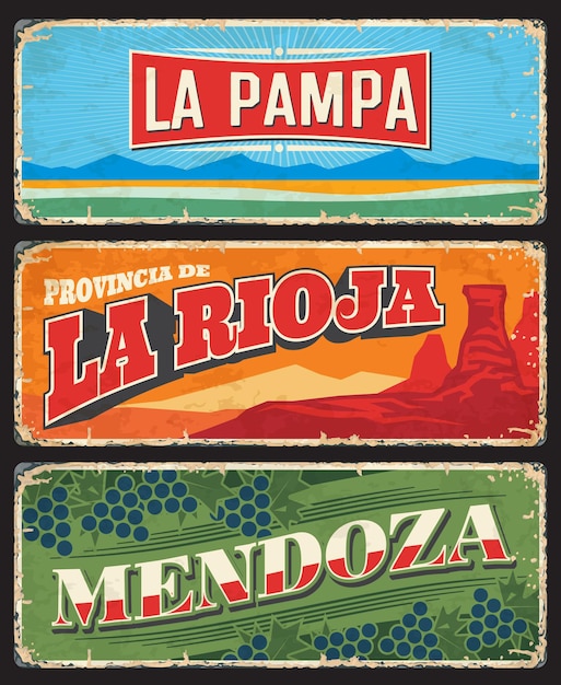 ラパンパ、ラリオハ、メンドーサの各州とアルゼンチンの地域は、ビンテージプレートをベクトルします。タランパヤ峡谷、パンパス低地の自然の風景とワイン用ブドウの古いブリキのバナー、アルゼンチンの旅行デザイン