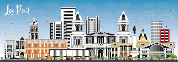 Vector la paz bolivia city skyline with color buildings and blue sky. illustration