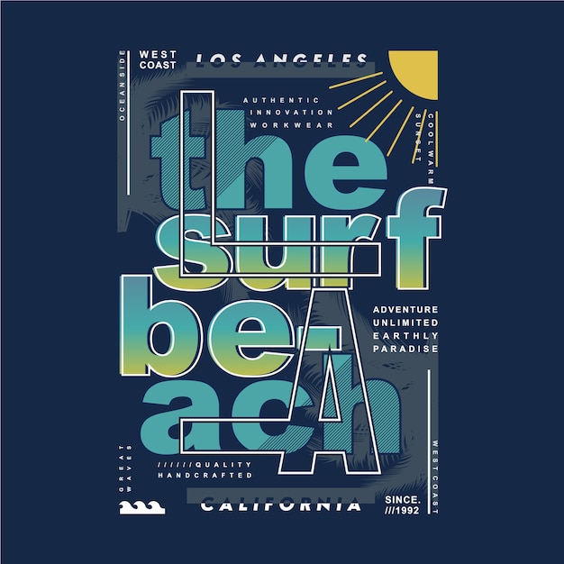 La design tipografico della spiaggia da surf per la grafica della maglietta stampata