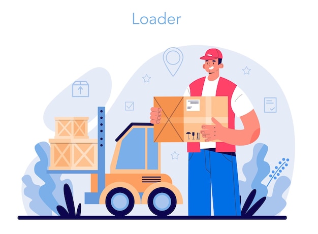 Laadservice. Stuwadoor in uniform met een lading. Bezorger met doos. Idee van transport en distributie. Platte vectorillustratie