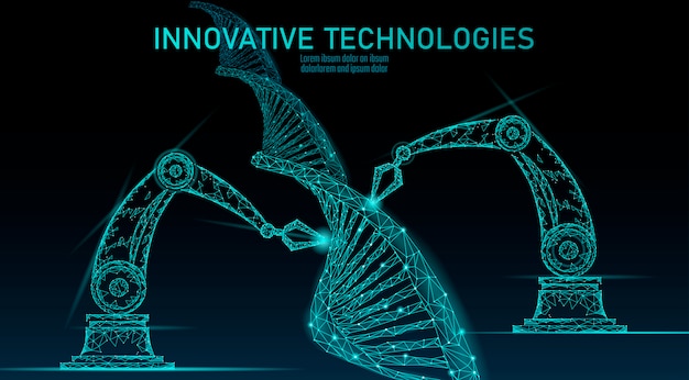 Laag poly chemisch dna synthese wetenschap concept. polygon lab chemie genetische manipulatie reactor. moderne innovatie evolutie organisme technologie product laboratorium robot ai illustratie