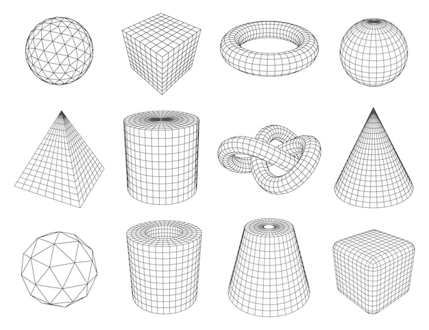 Vector laag poly lijn geometrische vormen geïsoleerde vector driehoek en piramide cirkel en kubus cilinder en kegel veelhoekige wiskunde en geometrie cijfers frame perspectieven set