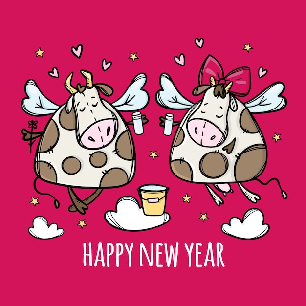 Laat een nieuw jaar drinken. twee grappige koeien gerinkelglazen. illustratie voor wenskaart