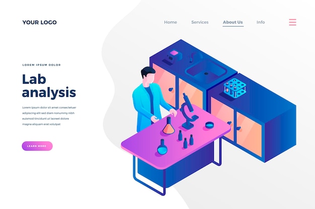 Vector lab analysis isometric landing page template cartoon medical worker doing laboratory tests