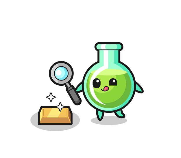 Vector lab beakers character is checking the authenticity of the gold bullion