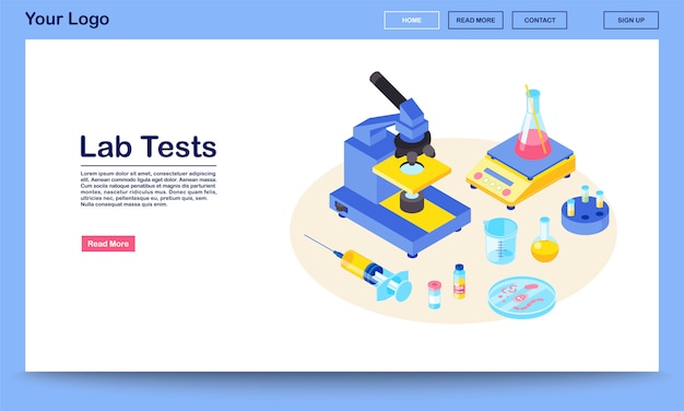 Modello di vettore della pagina web delle prove di laboratorio con l'illustrazione isometrica. analisi mediche. ricerche di laboratorio diagnostiche. microscopio, siringa, becher. pagina di destinazione del design dell'interfaccia del sito web