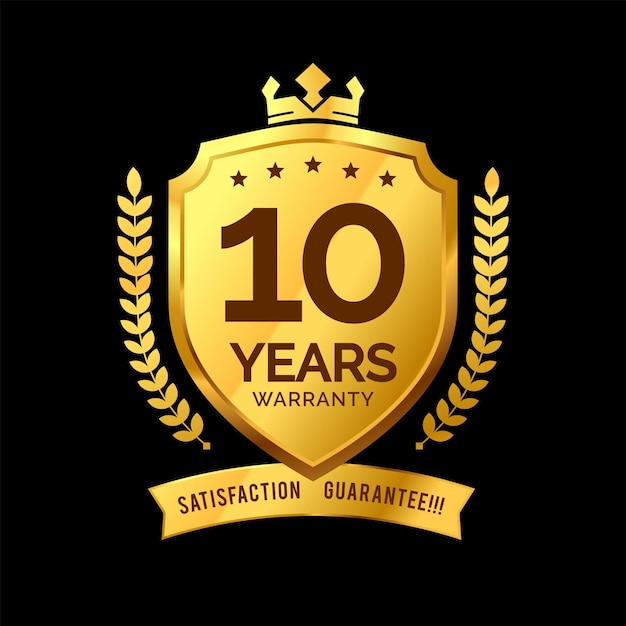 label 10 jaar garantie icon badge. ontwerp de vorm van een gouden schild met kroon