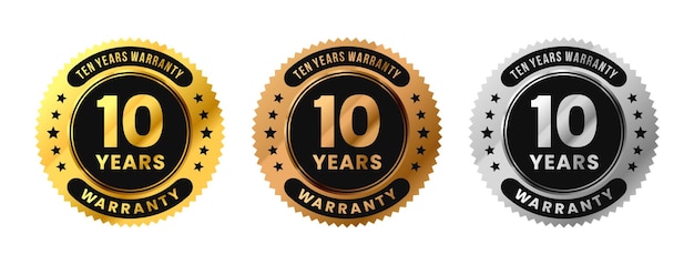 Label 10 years warranty in gold silver bronze premium luxury design ten years warranty vector