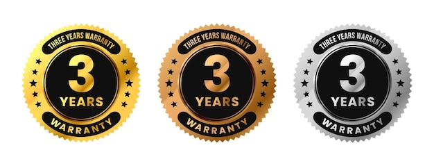 Label 3 years warranty in gold silver bronze premium luxury design three years warranty vector