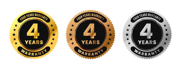 Vector label 4 years warranty in gold silver bronze premium luxury design four years warranty vector