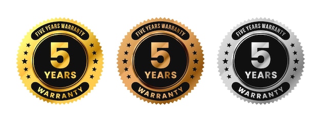 Vector label 5 years warranty in gold silver bronze premium luxury design five years warranty vector