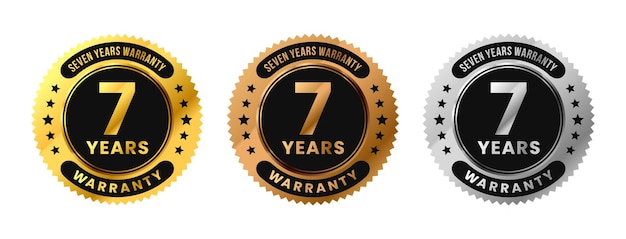 Vector label 7 years warranty in gold silver bronze premium luxury design seven years warranty vector