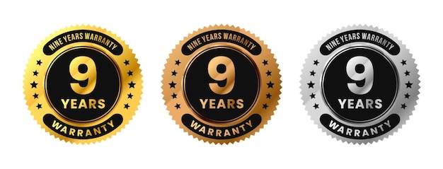 Vector label 9 years warranty in gold silver bronze premium luxury design nine years warranty vector