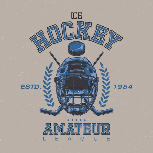 Vector label design with illustration of hockey mask, hockey sticks and puck