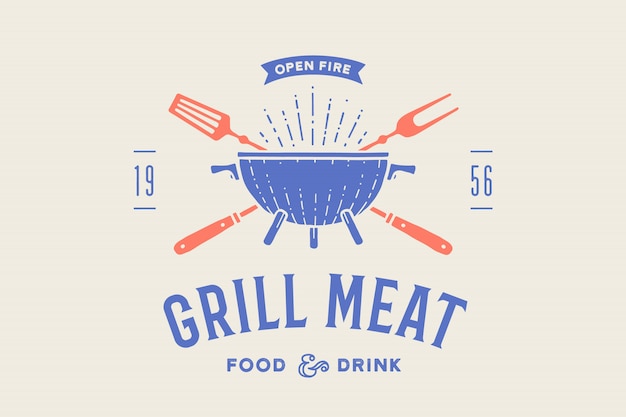 Vector label or logo for restaurant. logo with grill, bbq or barbecue, grill fork, text grill meat, food and drink, open fire. graphic template logo of restaurant, bar, cafe, food court.  illustration