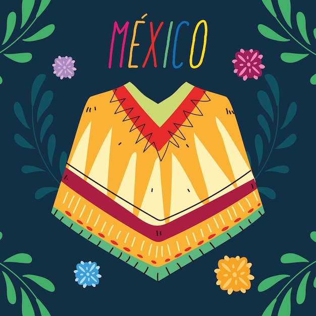 Label mexico with poncho clothing, typical mexican poncho design