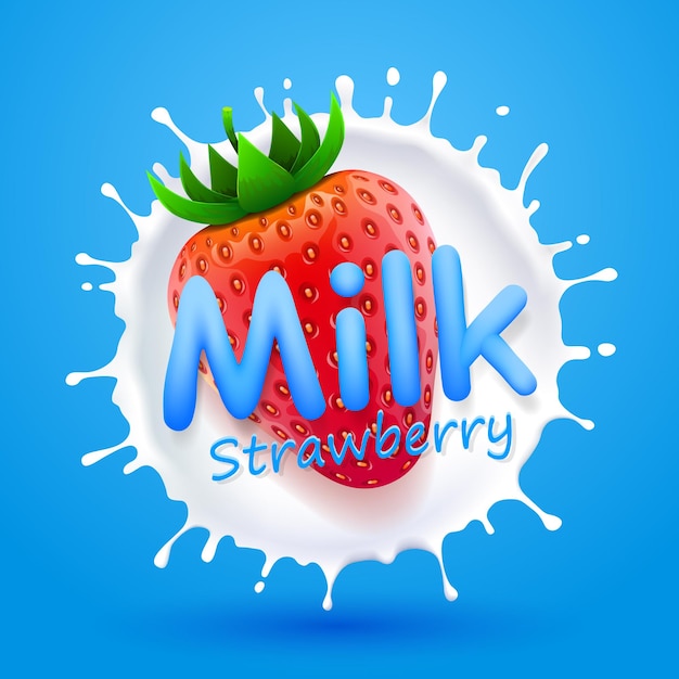 Label milk strawberry art banner. vector illustration