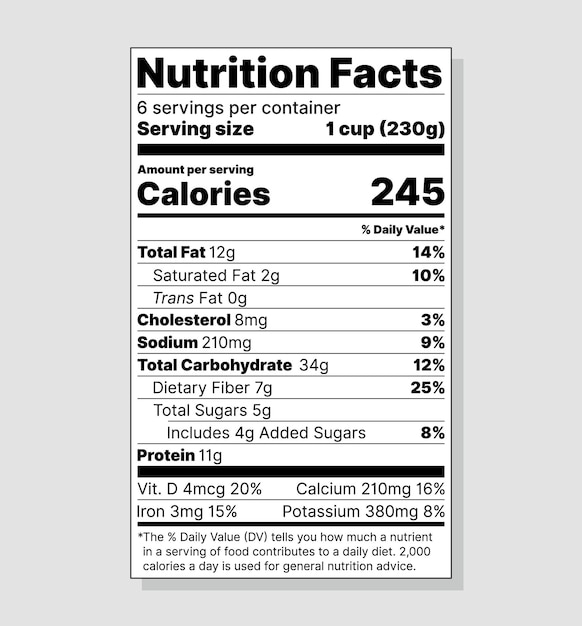 Vector label nutrition facts food information with daily value package template data table ingredients