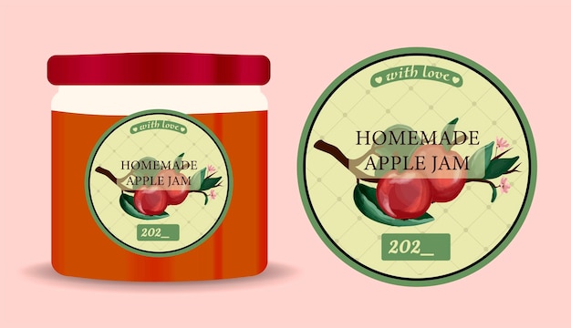 リンゴジャムのラベルとパッケージ ラベル付き瓶 熟したリンゴと葉のフレーム内のテキスト