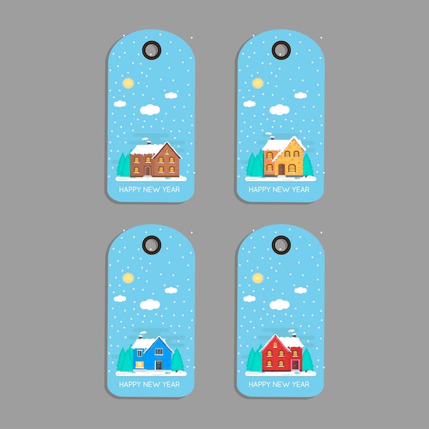 Label tag badge with Christmas background winter house white snowflakes New year holiday i