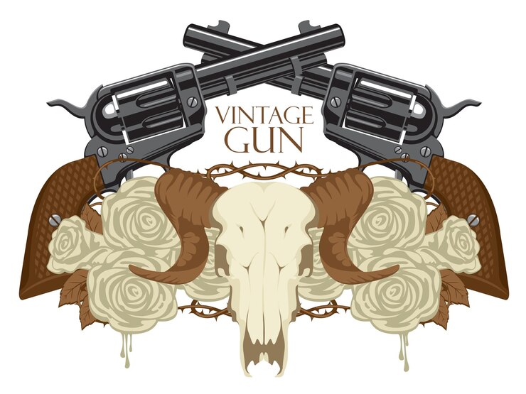 वेक्टर label with skull, guns and roses