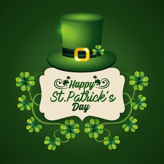 Vector label with st patrick hat and clovers to celebration