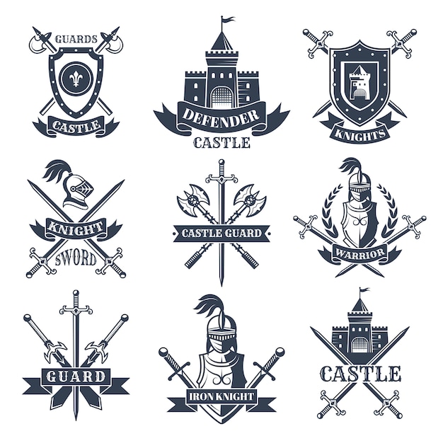 Vector labels or badges set with pictures of medieval knights, helmets and swords