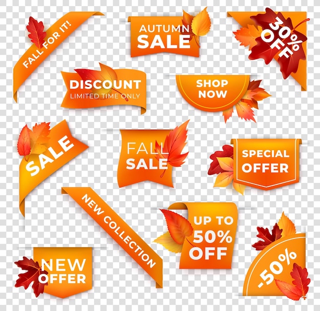 Labels banners ribbon corners with autumn leaves