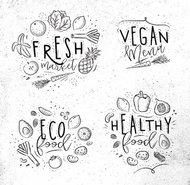 Vector labels eco style with fruits and vegetables