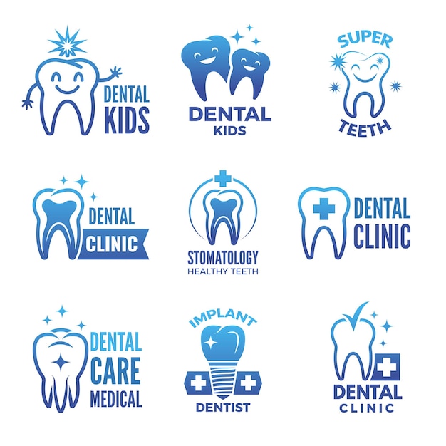 Set di etichette e loghi di tema dentale e illustrazioni di denti sani.
