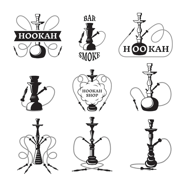 Vector labels set for hookah and lounge club.  monochrome illustrations. set of hookah emblem and logo