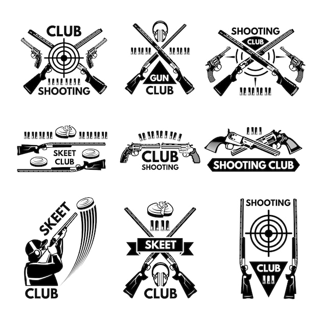 Set di etichette per il club di tiro. illustrazioni di armi, proiettili, argilla e pistole. emblema tiro sport club, badge skeet